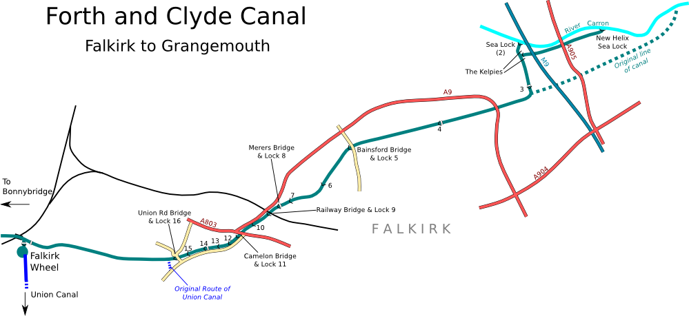 Map of Forth and Clyde Canal from Falkirk to Grangemouth